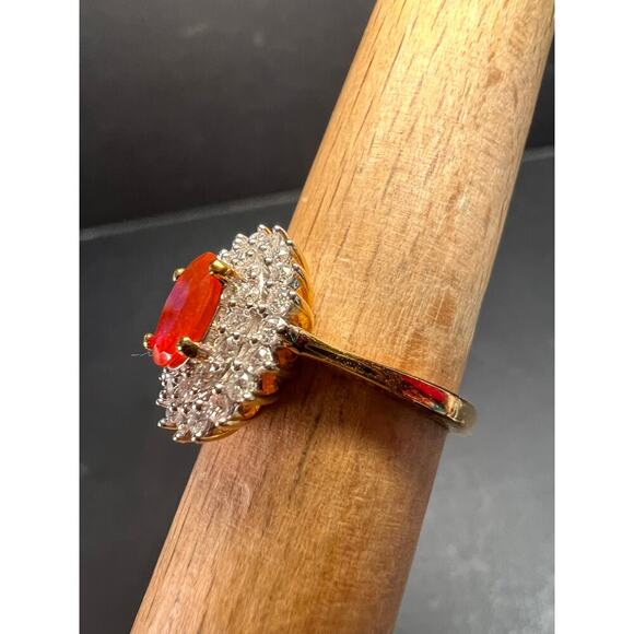 NEW Mexican Cherry fire opal moissanite halo ring in vermeil YG over 925 size 5 - Picture 13 of 16